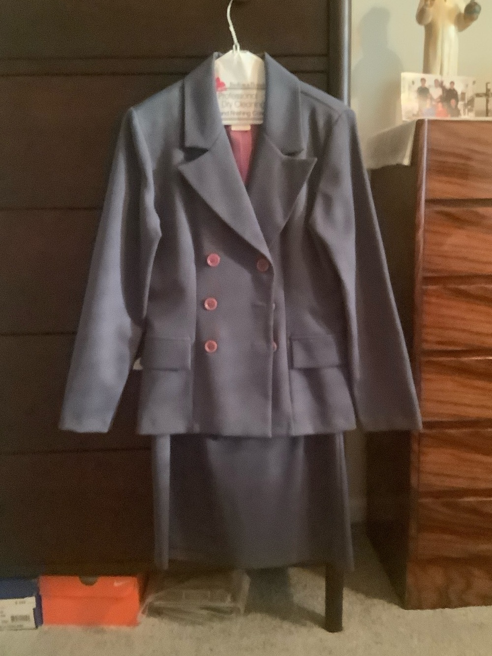 City Triangles Navy Double-Breasted Blazer & Skirt with Pink Buttons